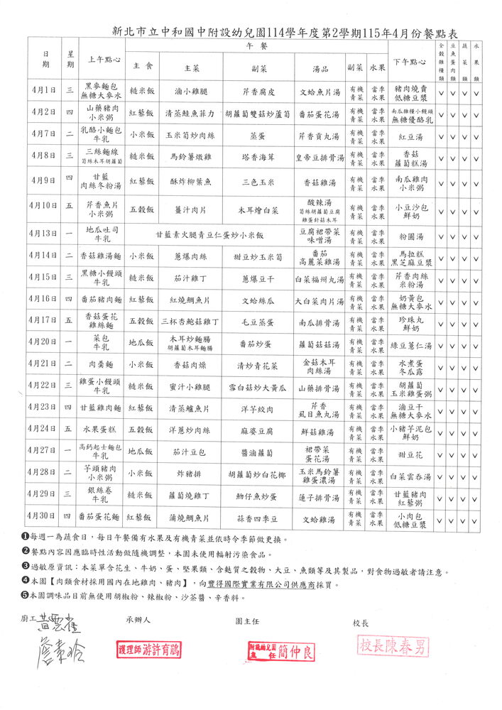 115年4月份餐點表