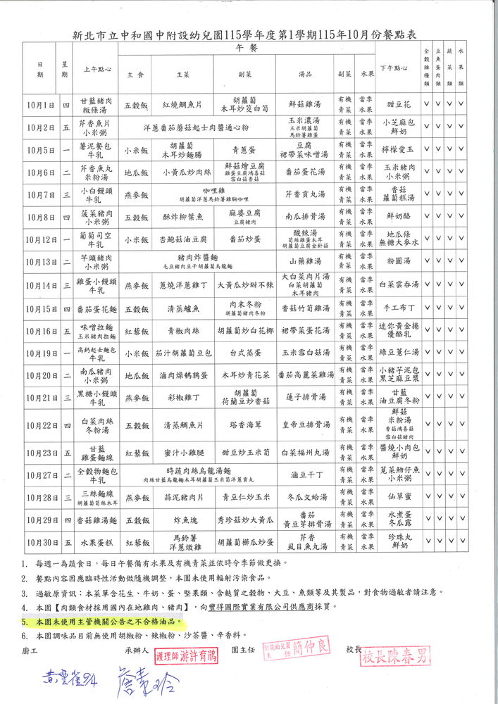 115年10月份餐點表