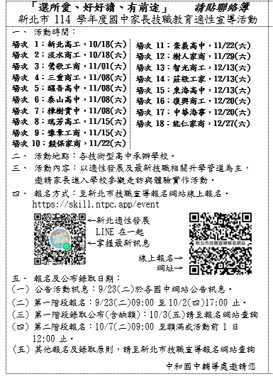 公告「選所愛、好好讀、有前途－新北市114學年度國中家長適性宣導活動」圖片
