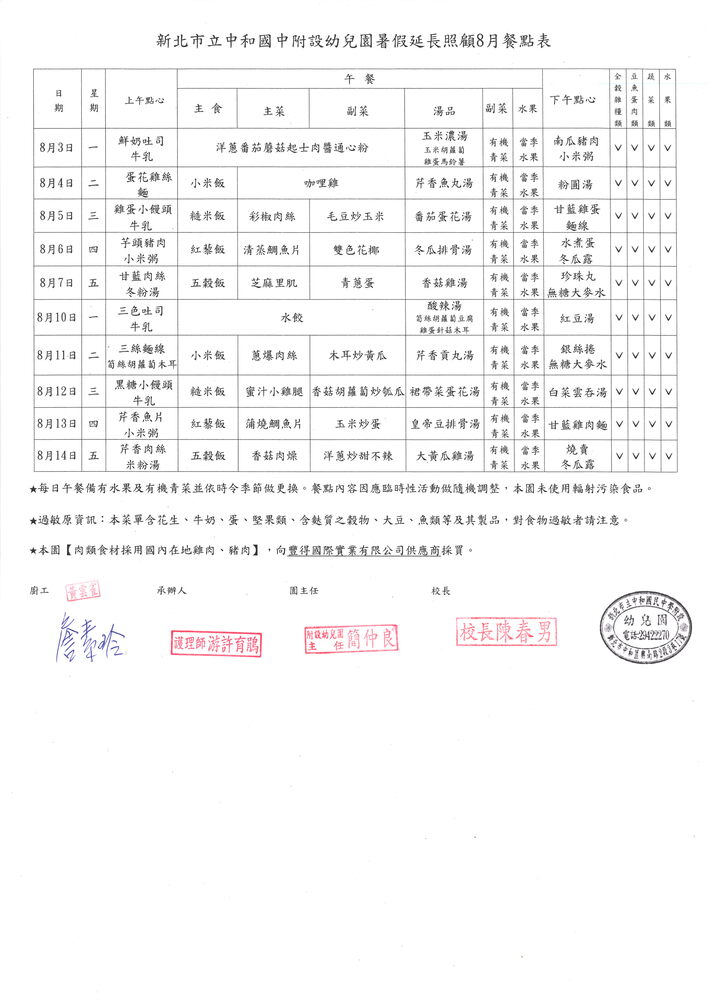 115年8月份餐點表