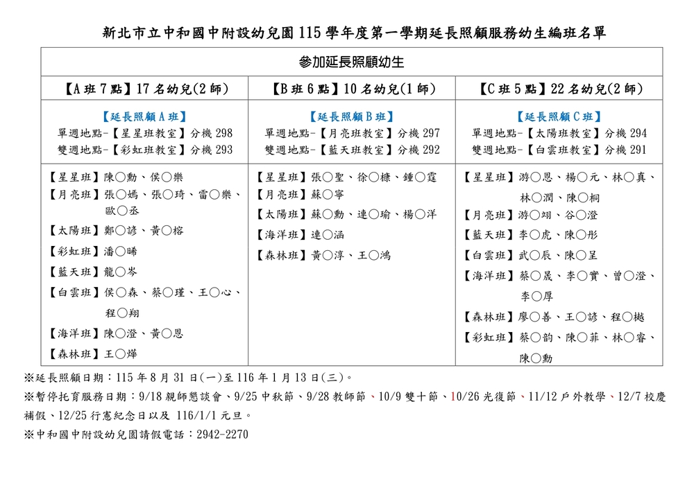 115-1 延長照顧服務幼生編班公告