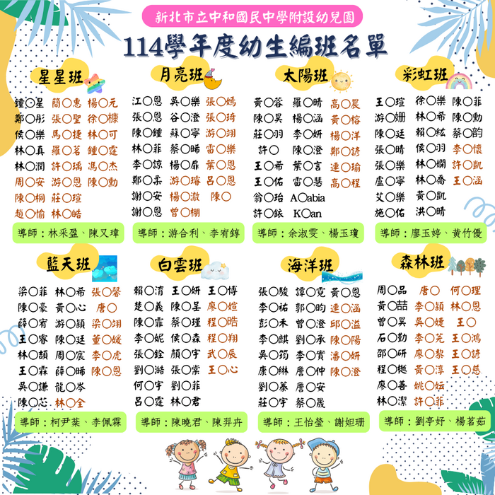新北市中和國中附設幼兒園114學年度新生編班公告 圖片