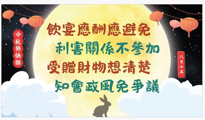 教育局政風室轉知：中秋佳節將至，請遵守「新北市政府員工廉政倫理規範」，並落實廉政倫理事件登錄與報備圖片